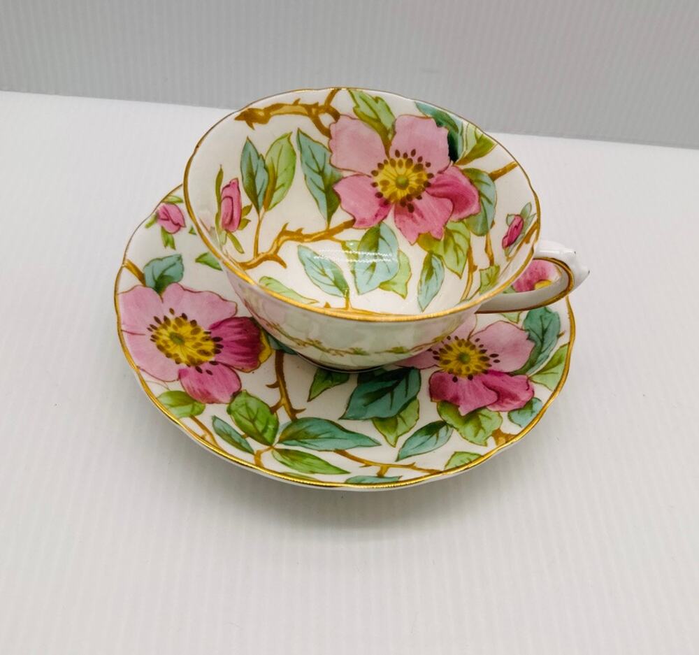 Tuscan Bone China Teacup and Saucer Pink Dogwood Floral Pattern Made in England